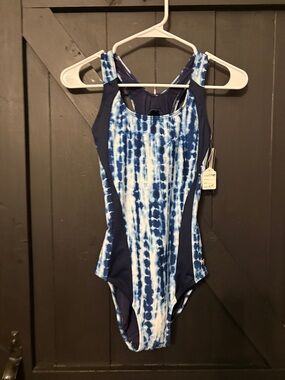 TYR Blue and White Tie-Dye One-Piece Swimsuit with Navy Panels or bodysuit